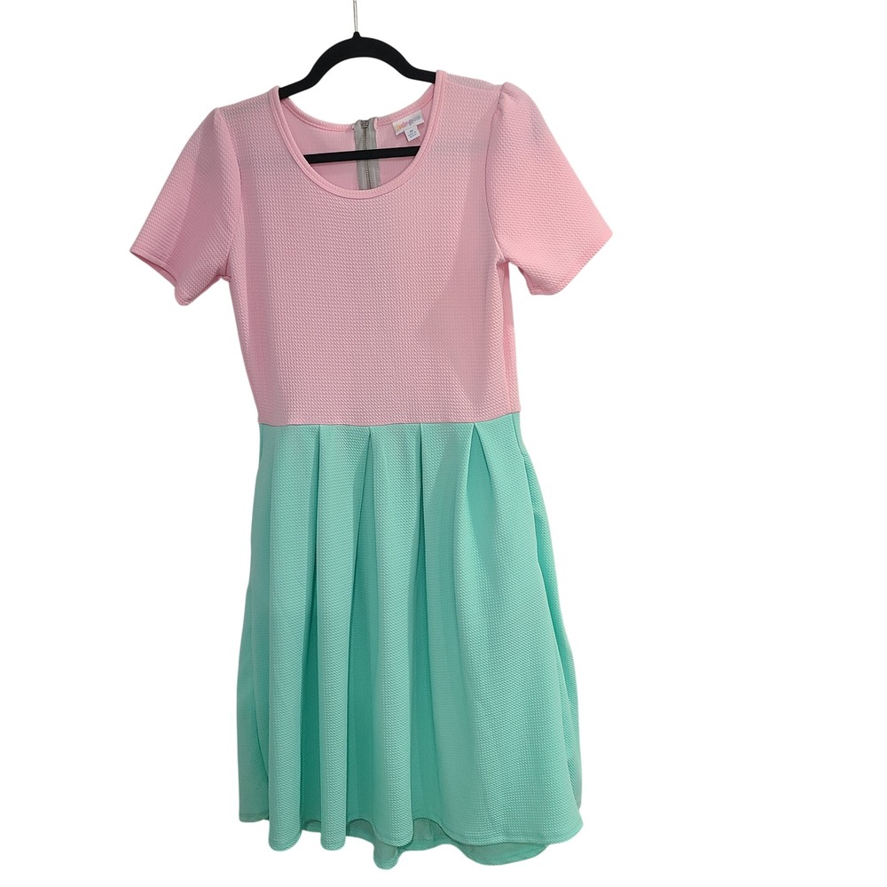 LuLaRoe Amelia Dress Womens Medium‎ Pink Mint Green Colorblock Textured Pockets